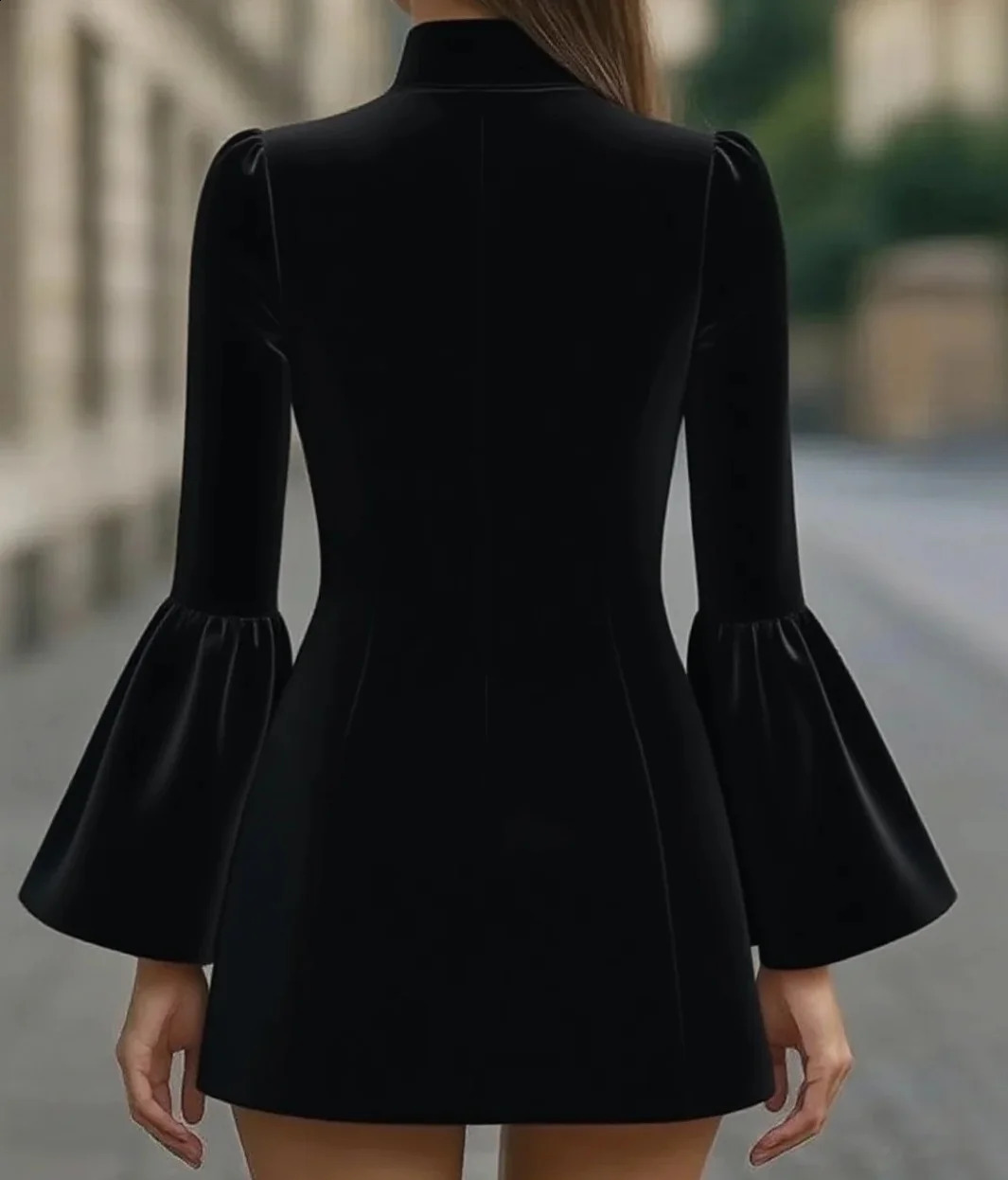 Autumn temperament slim solid colour standup collar flared sleeve singlebreasted suit dress 251022