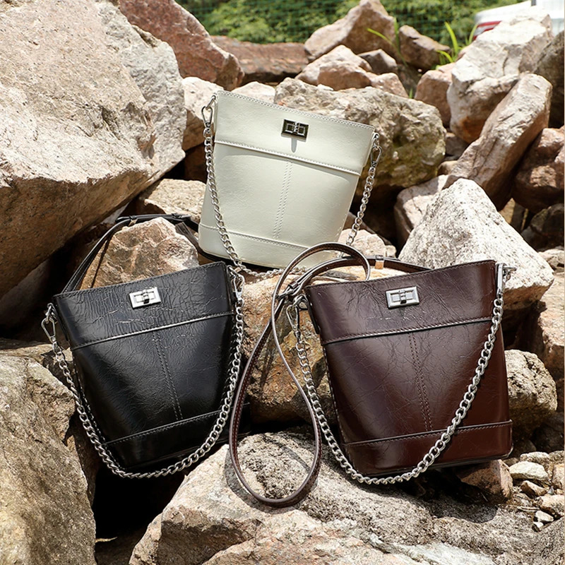 Burminsa Oil Wax Genuine Leather Bucket Small Shoulder Crossbody Bags For Women 2025 Chain Phone Ladies Handbags 251018