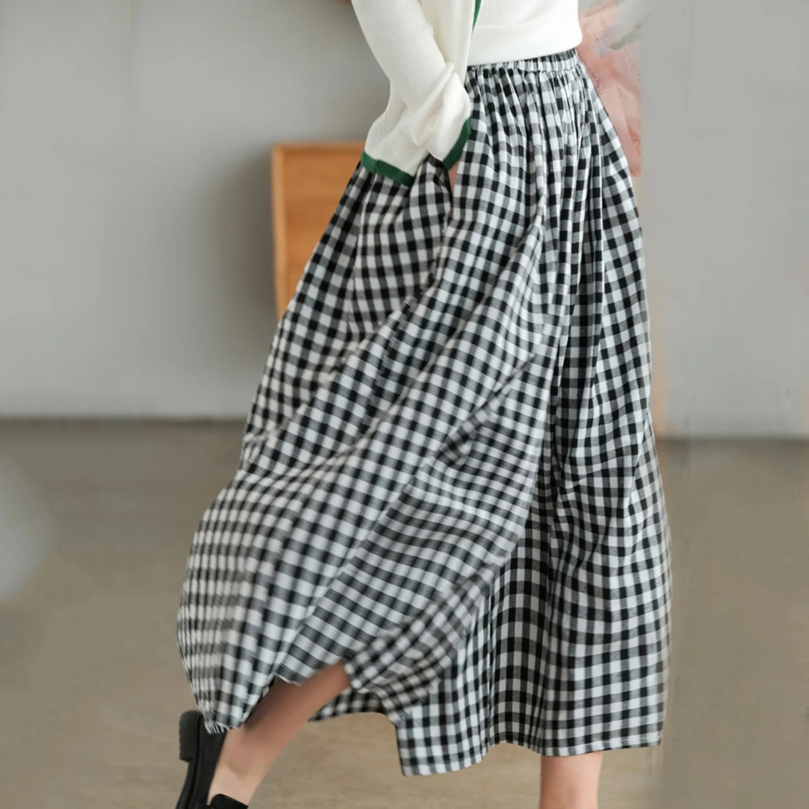 Summer Culotte Pants High Waist Pleated Slanted Pocket AShaped Wide Leg Covering Span Checkered Printing Trousers 251016