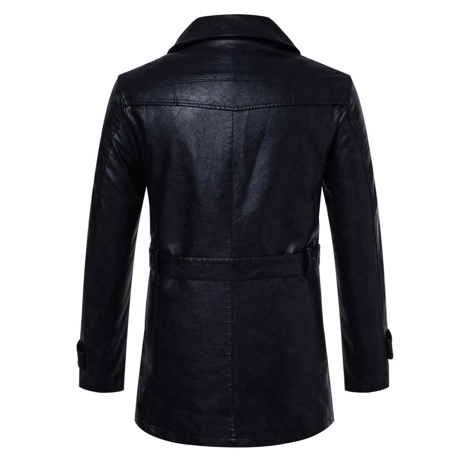 Mens midlength PU leather jacket with a detachable beltlapel trench coat for business casualurban commuting W251023