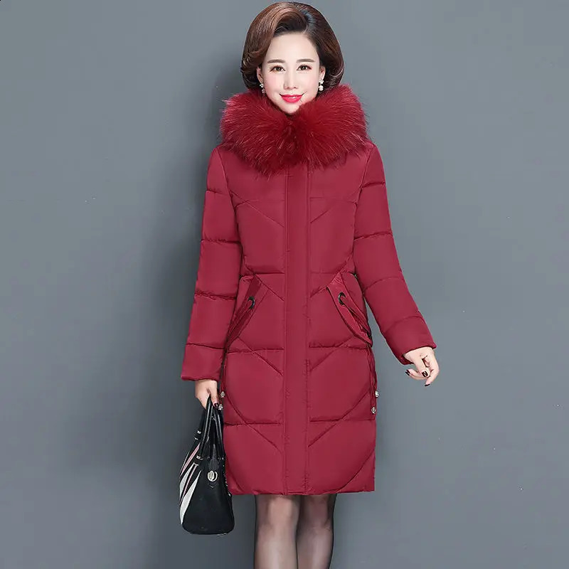 Middleaged mother Winter Coat Thicken Slim Cotton padded Jacket Windproof Loose Female Warm Fur collar Hooded Parkas Outwear 251021