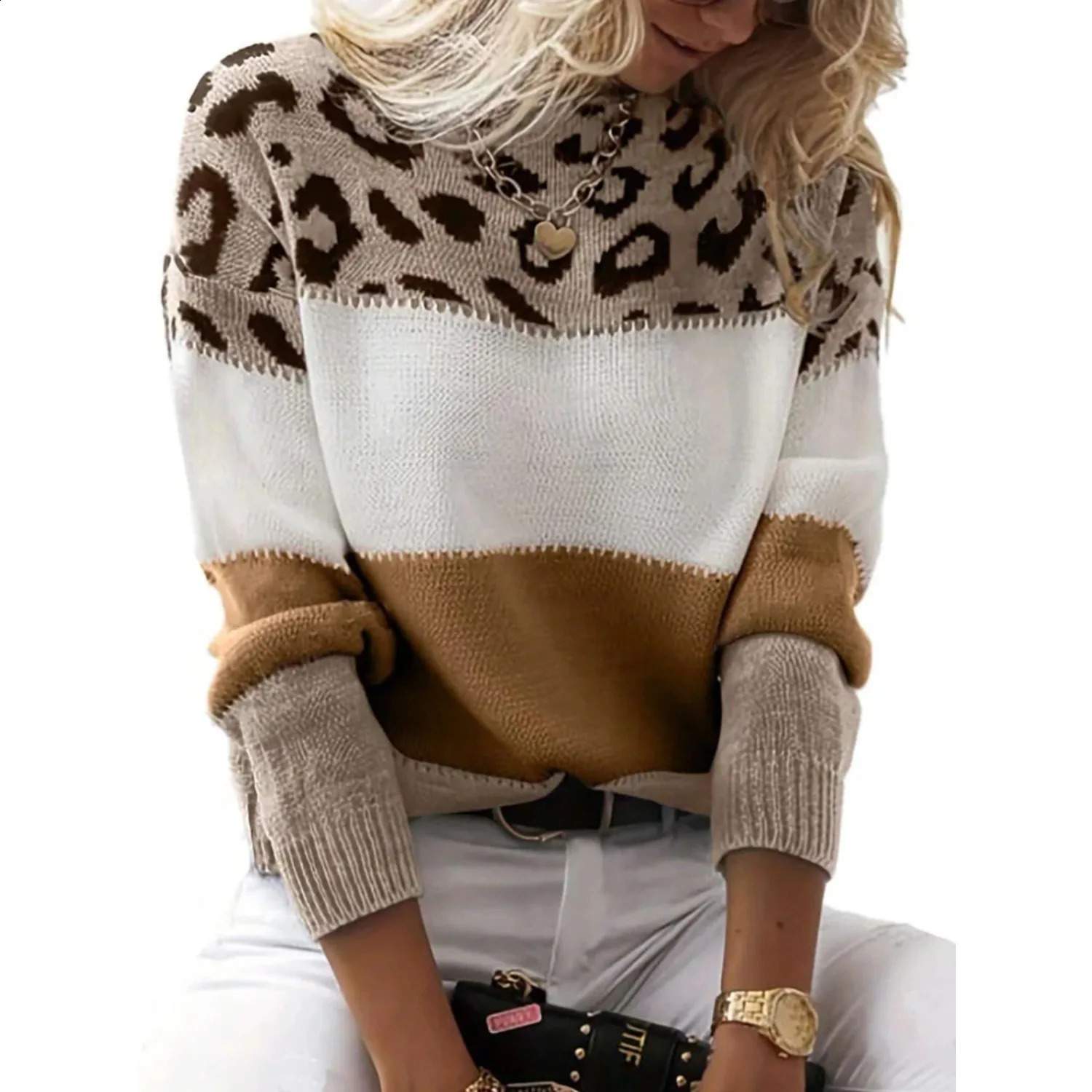 2025 Women Leopard Sweater Fashion Long Sleeve Tops Knitted Pullovers Pink KnitwearsWomens Autumn Winter Clothes for 251016