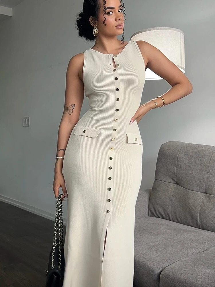 Elegant Knitted Long Dresses Women Summer O Neck Sleeveless Single Breasted Pockets Bodycon Dress Fashion Office Lady Robes 251020