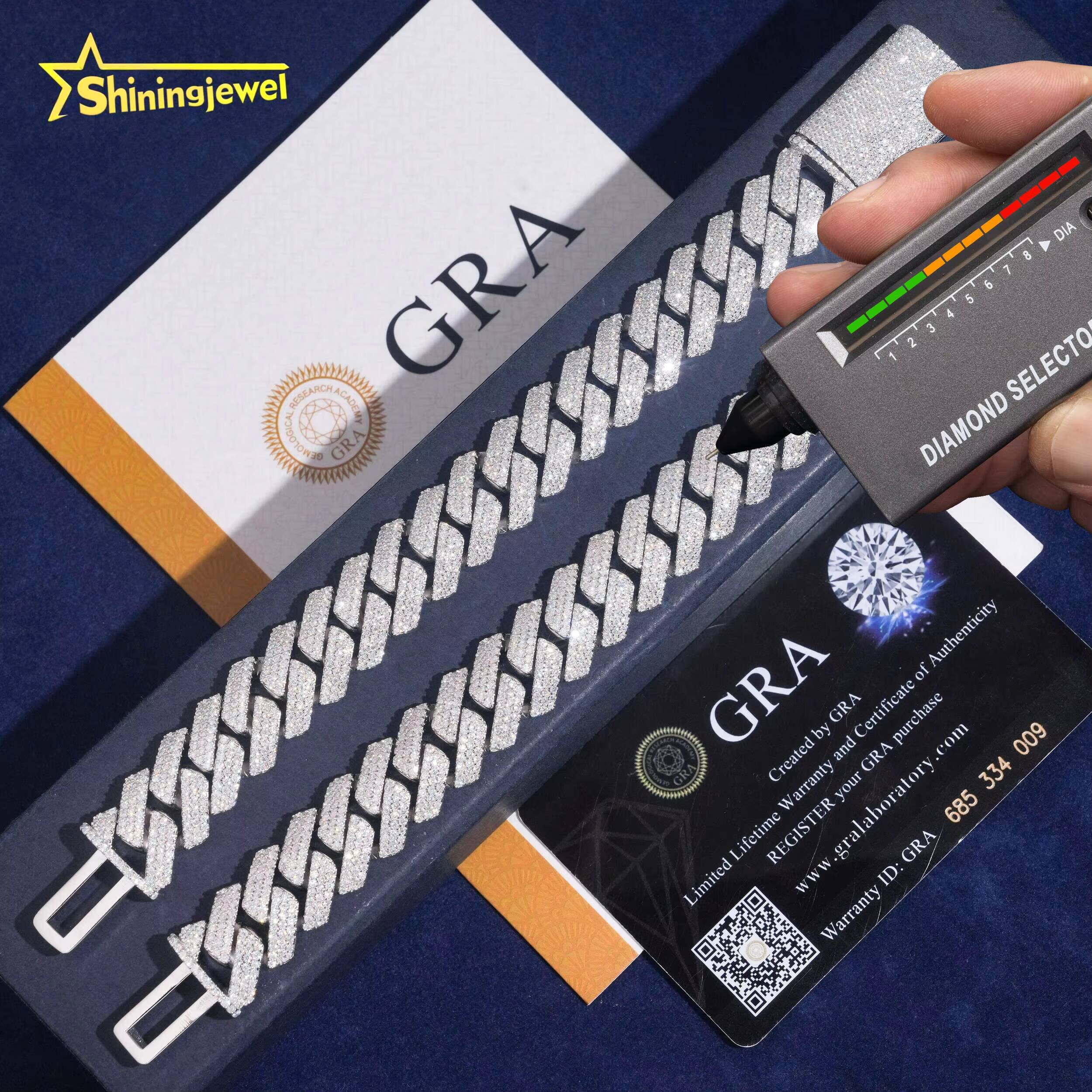 US Warehouse Local Stock Pass Diamond Tester 15mm 3rows Cuban Bracelet S925 Gold Plated VVS Moissanite Cuban Link Bracelet