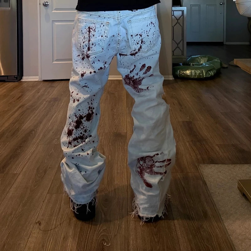 Y2K Harajuku White Men Baggy Jeans Retro Horror Blood Handprint Printed Fashionable High Street Hip Hop Unisex Wide Leg Pants 251018
