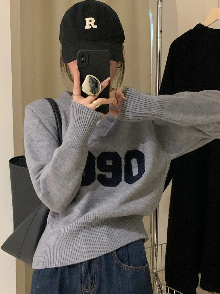 Autumn Y2k Aesthetic Harajuku Letter Patchwork Pullovers Womens Casual Sweater Sweet Vintage Grunge Crop Tops V Neck Streetwear 251023