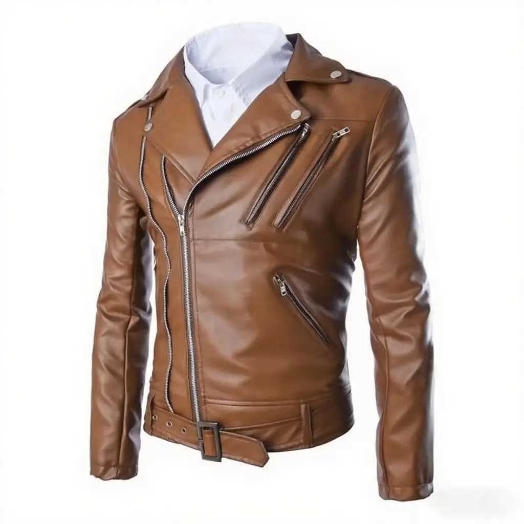 2025 fashion mens clothing lapel locomotive multizipper design fashion short PU leather jacket W251023