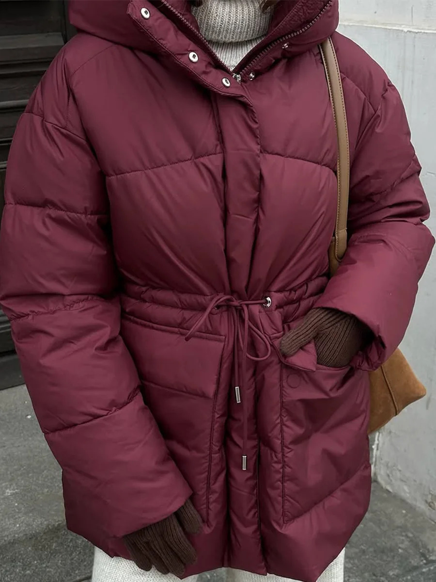 Bornladies Winter Women Wine Red Hooded Puffer Coat Drawstring Waist Zipper Warm Bread Jacket Outerwear 251021