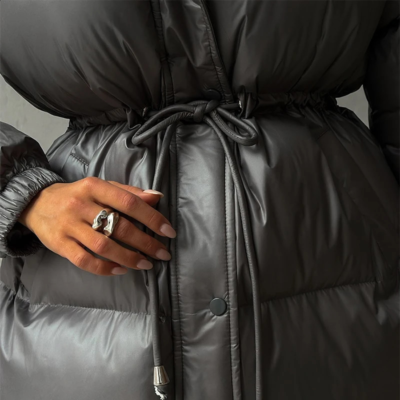 Womens Hooded Down Jacket Drawstring Waist Warm Parker Coat Solid Pocket Zipper Outwear Winter Thicken Long Sleeves Coats 251021