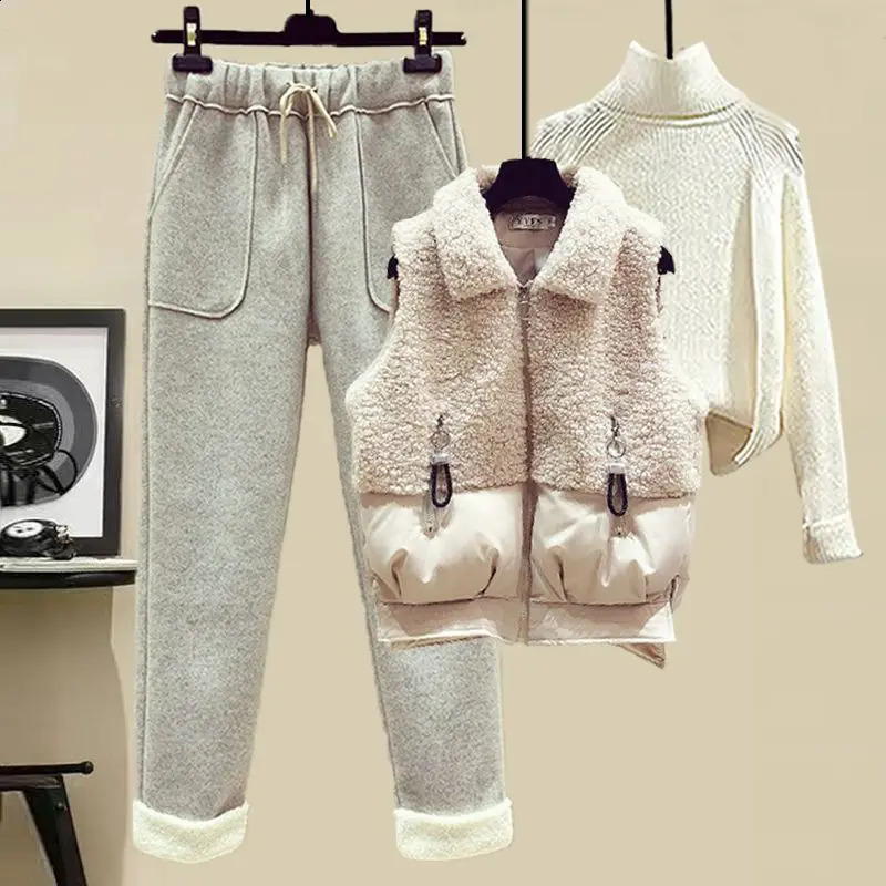 Autumn and Winter Womens Suit Lamb Wool Vest Thickened Cashmere Sweater High Waist Casual Woolen Trousers Three Piece Set 251022