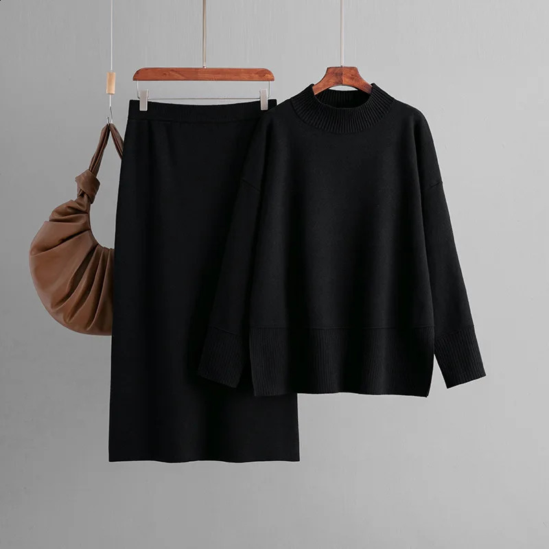 Korean Solid Knitted 2 Piece Sets Women Oneck Long Sleeve Knitwears Sweater Pullover Tops Conjuntos Casual Split Skirts Outfit 251022