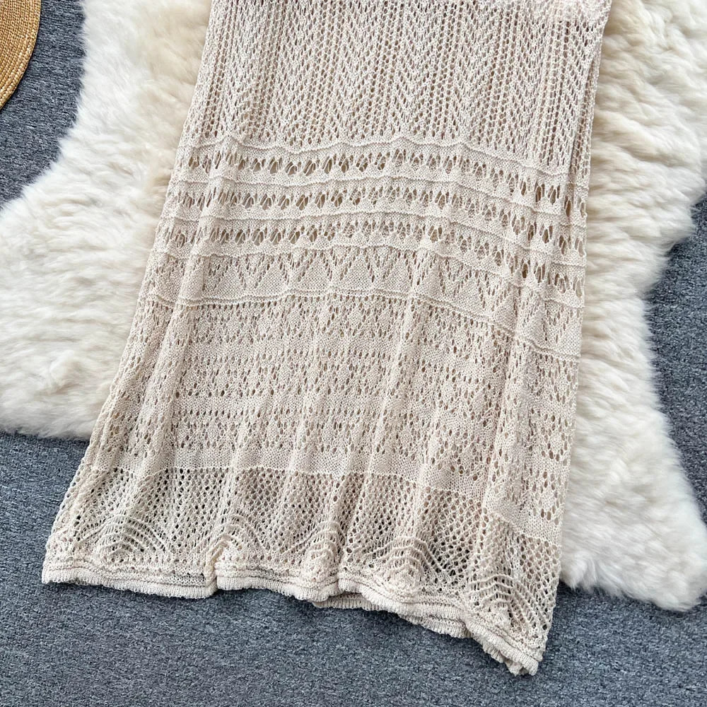 Crochet Knit Midi Skirt Semi Sheer Straight Fit Cutout Skirts Women Spring Summer Female Vacation Boho Beach Resort Wear 251020