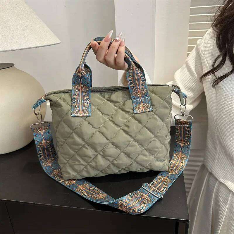 Women Wide Belt Handbag Fall/Winter Rhombus Space Cotton Shoulder Large Capacity All-Match Shopping Tote Bag