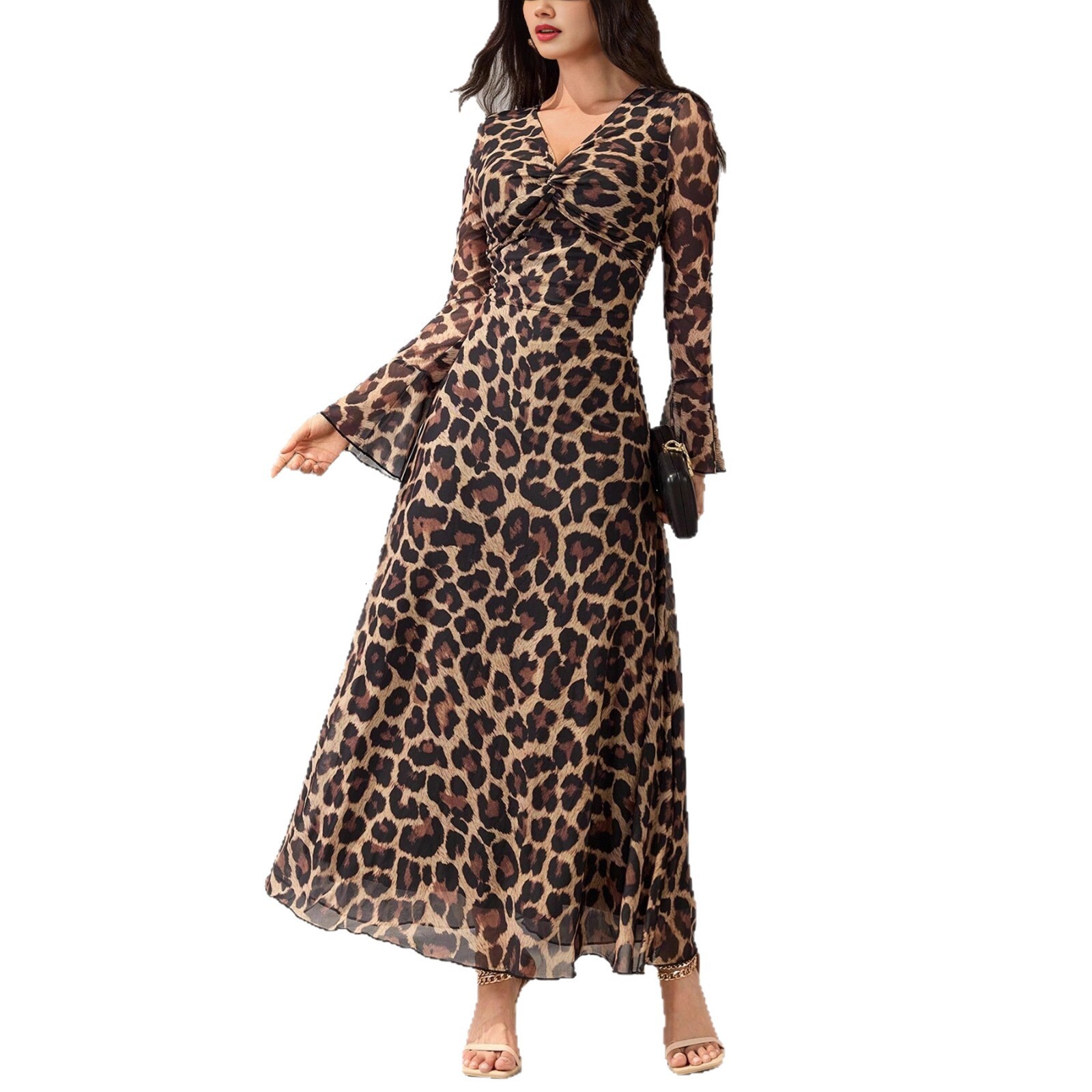 European and American fashion designer women's V-neck leopard print long sleeved dress new elegant women's long skirt