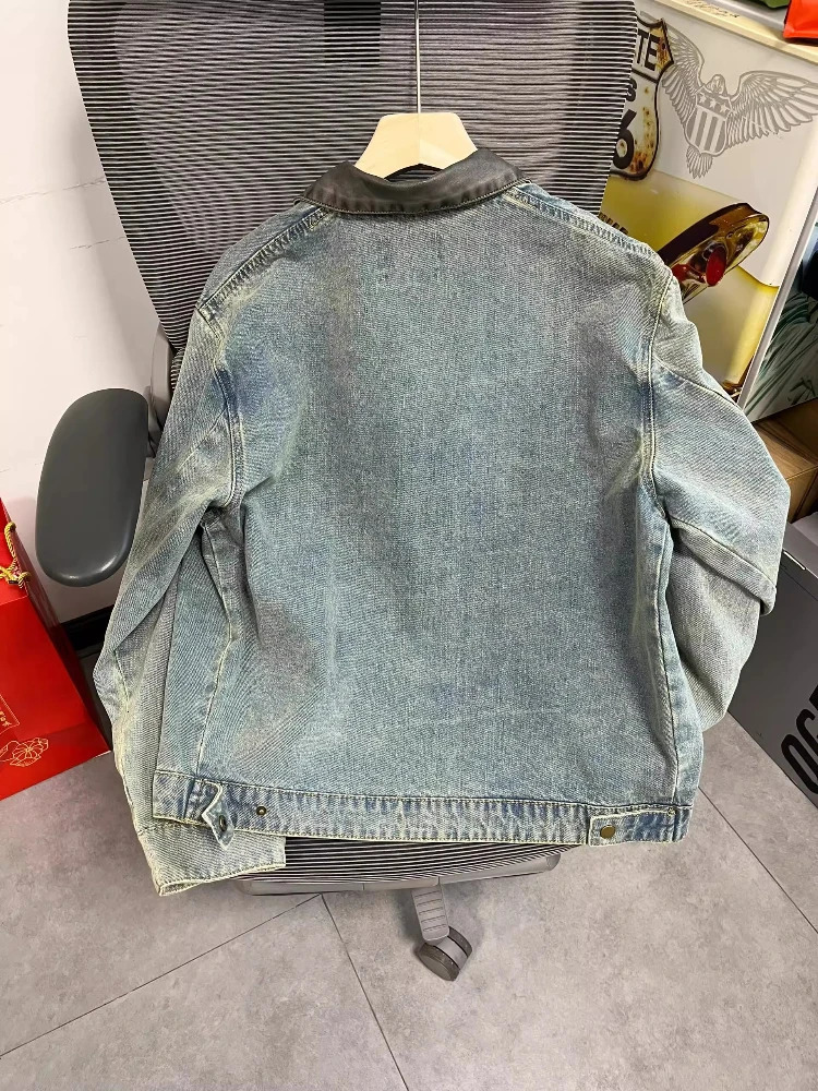 Americana PU Collar Denim Jacket Vintage Washed Embroidered Badge Multi Zip Oversized Spring Fall Cargo Casual Coat 251017