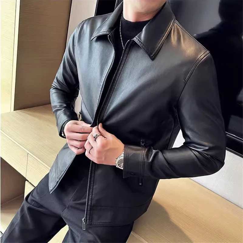 Spring Autumn Korean Style Leather Jacket Men Turn Down Collar Motorcycle Pu Leather Coats Fashion Mens Moto Biker Leather Tops W251023