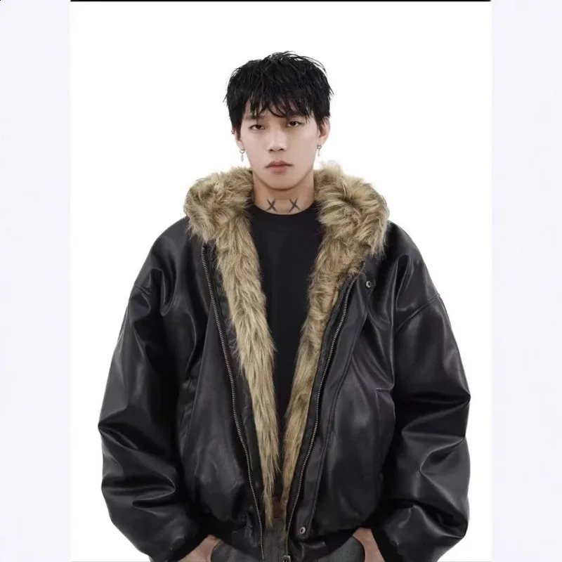 Winter High Street Leather Shaggy Fur Patchwork Short Warm Thick Coat Hooded Fluffy Faux Jacket Women y n Coats 251021