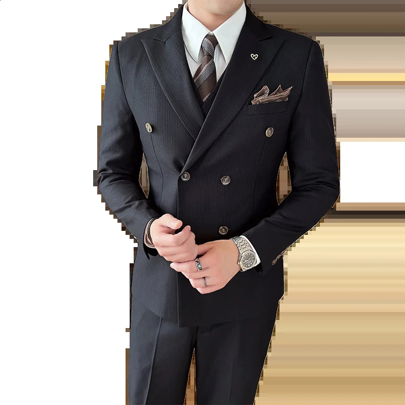 Mens Double Breasted 32 Piece Business Casual Wedding Dress Suit with Trousers Regular Fit Bridegroom High Sense 251023