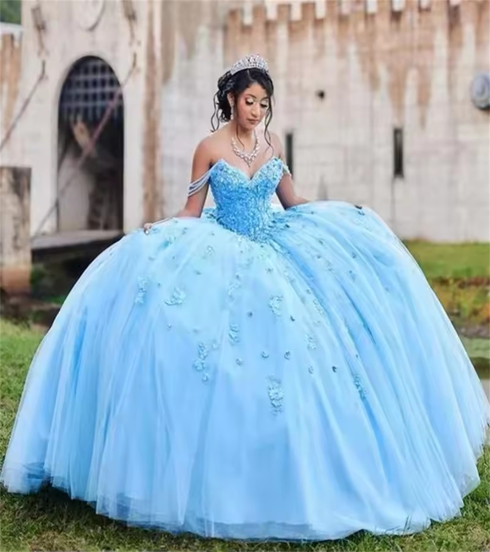Ball Gown Quinceanera Dresses Blue Off Shoulder Masquerade Appliques Lace Plus Size Customized Princess Sweet 15 16 Birthday Party Gowns Vestidos De 1