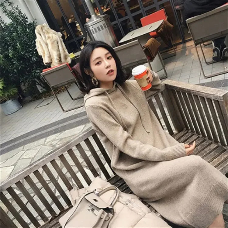 Korean Style Thickened Knitted Hat Womens Dress Autumn Winter Arrival MidLength Sweater Dress Female Base Shirt Dress 251023