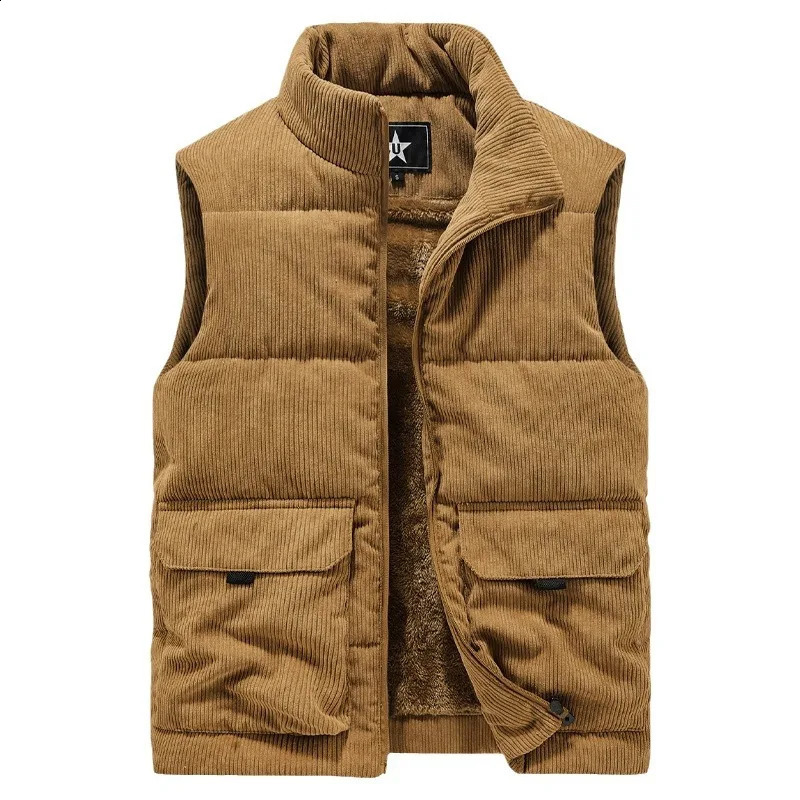Corduroy vest for men thickened with fleece standup collar waistcoat largesized thermal cottonpadded jacket 251023