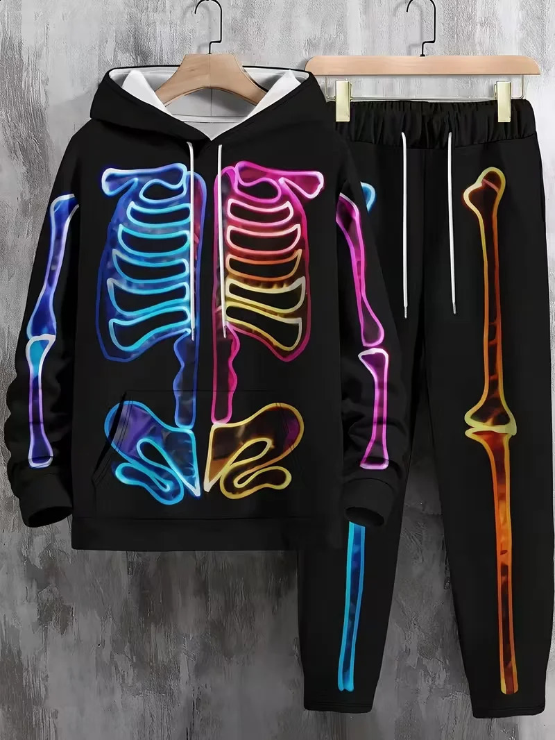 Autumn and Winter Men Hoodie Set Skeleton Printed Pattern Street Sports Quick Drying 251023