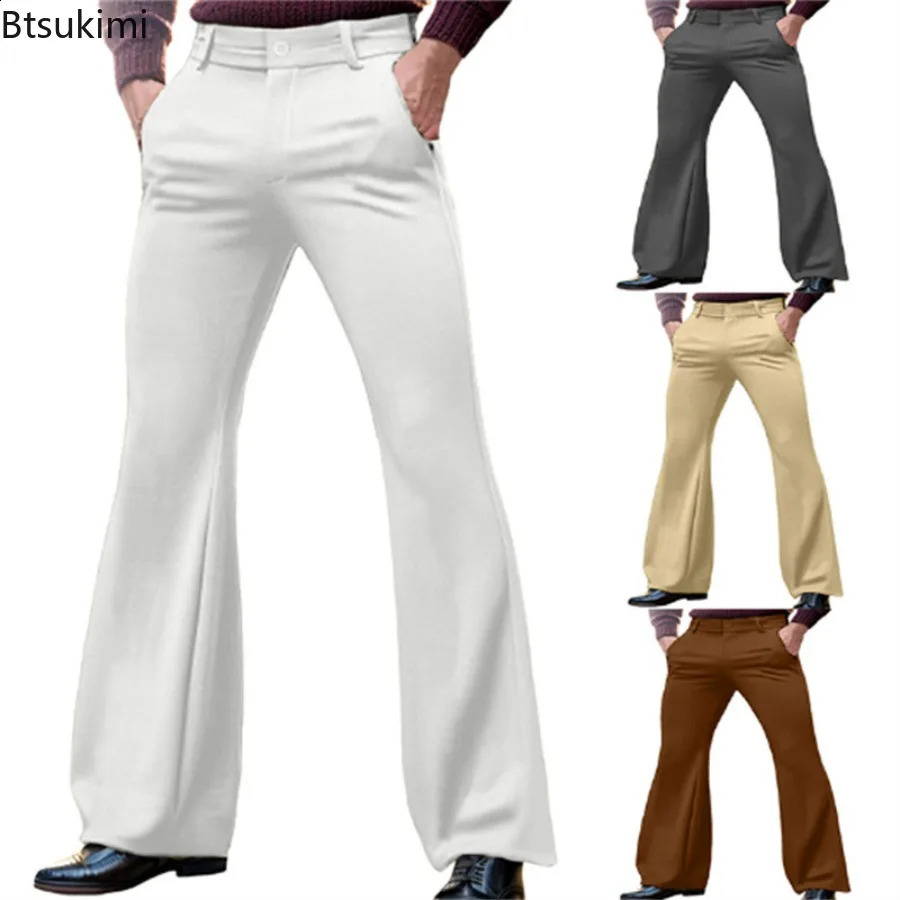 Mens Elegant Flare Pants Solid Basic Stretch Trouser for Wedding Party Club Plus Size Buttons Up Business Male 251023