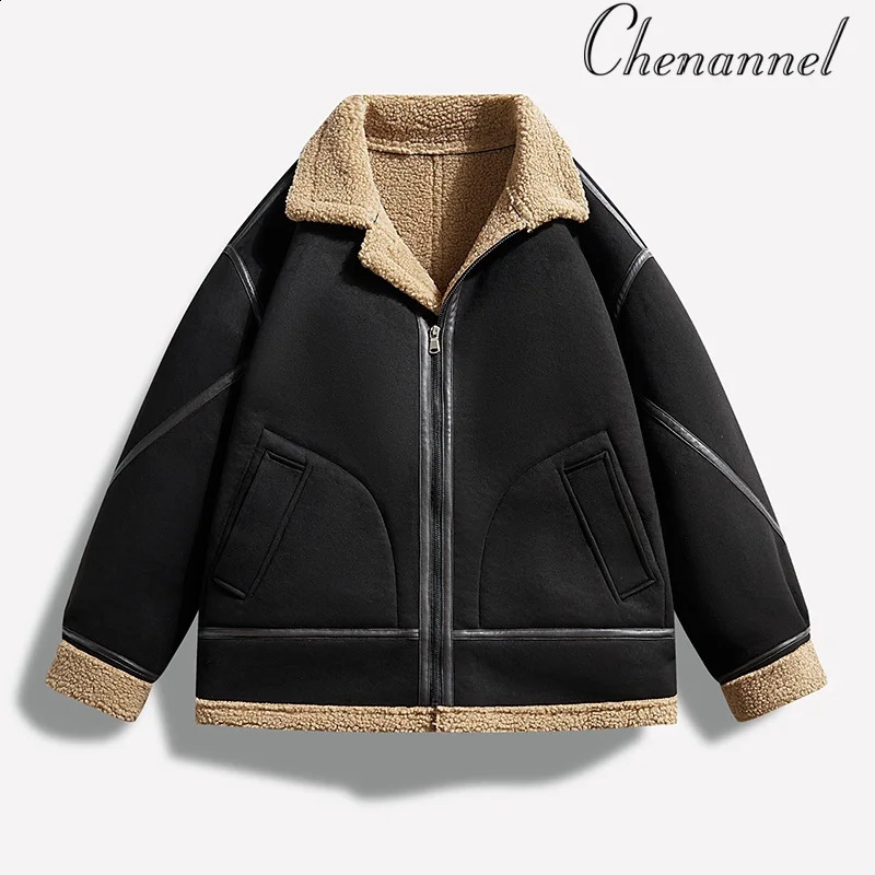 American retro fur one piece coat mens winter thickened and fleece leather jacket air force pilot lamb 251023