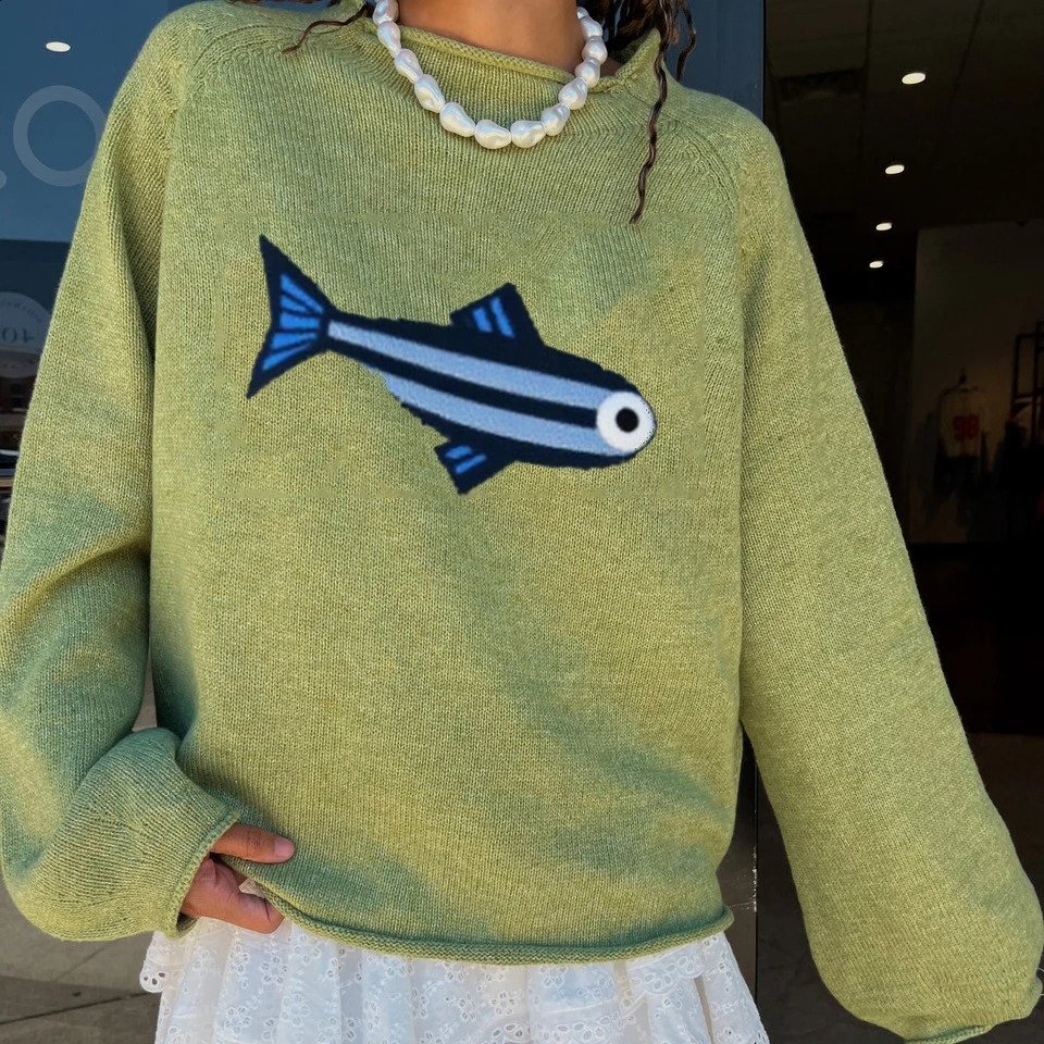 Collection Sardine Knitted Sweater Light Green With Fish Pattern Women Pullover For Casual Wear 251023