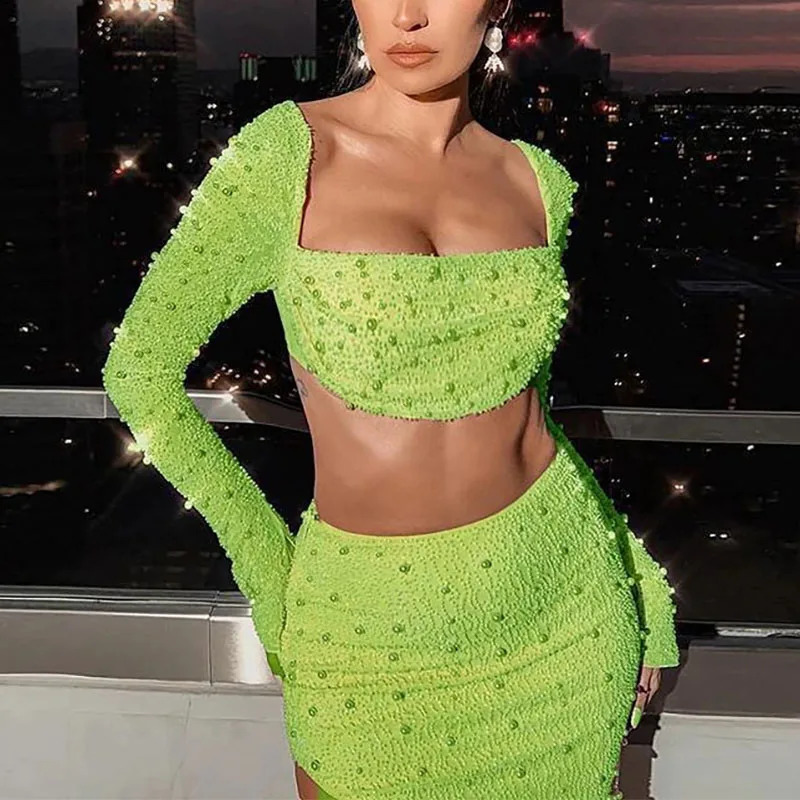 Women Fashion Split Slim Club Party Sets Elegant Beaded Solid Skirt Outfits Sexy Square Collar Crop Tops Long 2Pc Suit 251022