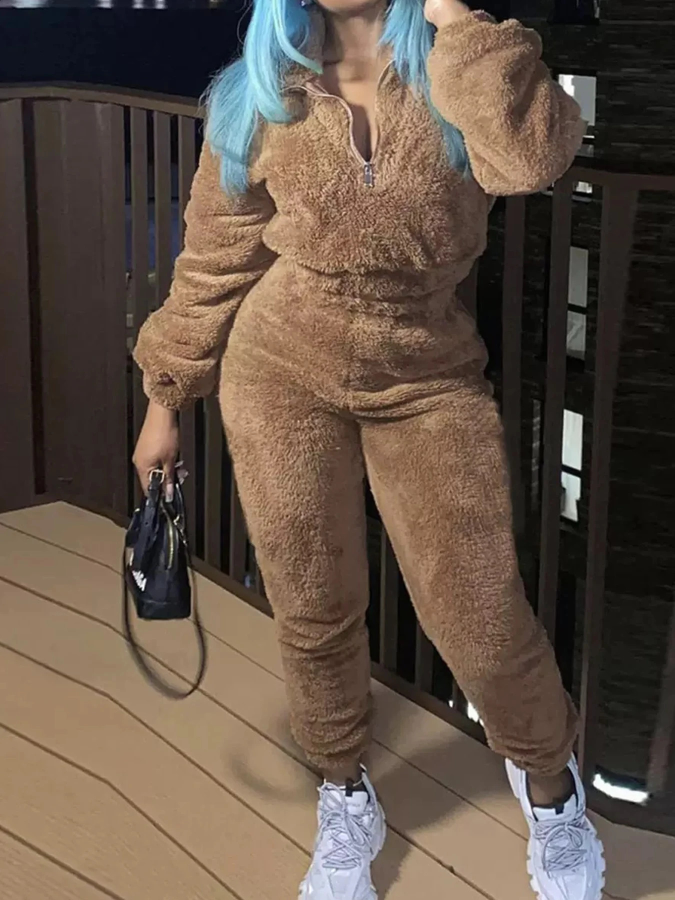 Womens Solid Color Velvet TwoPiece Set LongSleeved SemiOpen Neck Sweatshirt and Slim Pants Machine Washable Suitable 251022