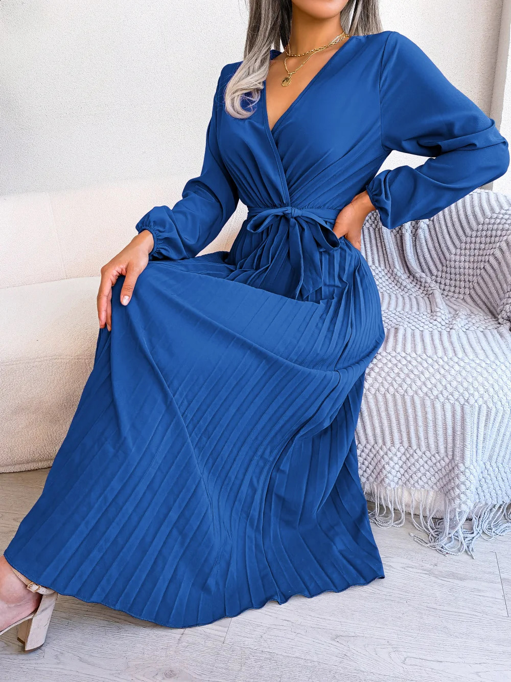 Women Elegant V Neck Long Sleeve Pleated Maxi Dress 251022