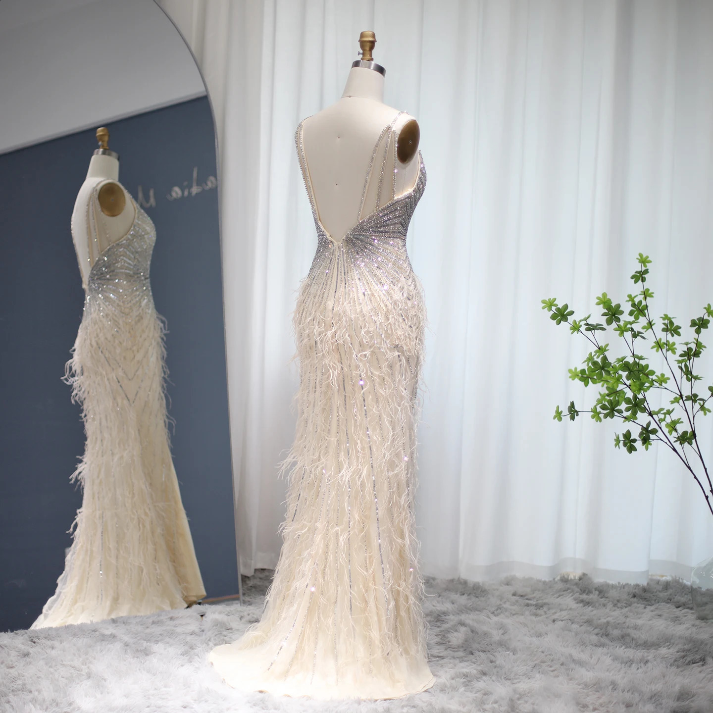 Sharon Said Beaded Blue Feather Prom Dress Sexy Spaghetti Straps Backless Rose Pink Evening Dress Arabic SS004 Customized 251020