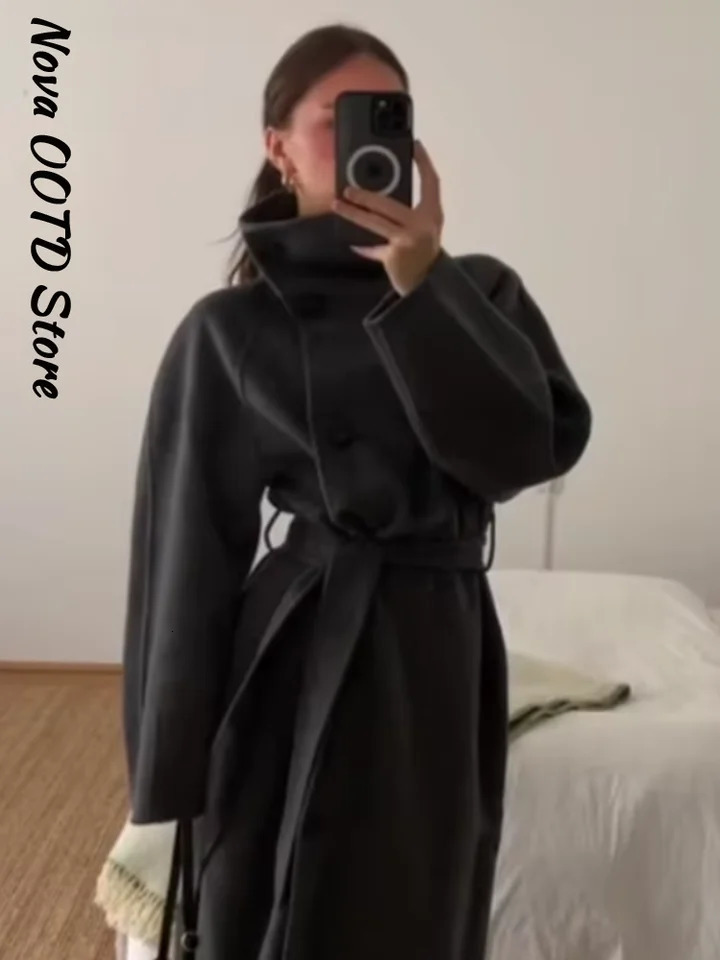 Elegant Solid Lace Up Long Woolen Coat Women Stand Collar Single Breasted Retro Coats Autumn Winter Lady Allmatch Outwears 251020