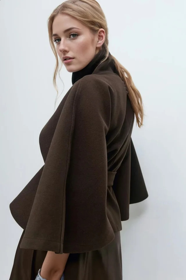 Faux Wool Blend Cloak Jacket Women StandNeck Three Button Wide Sleeves Belt Coats Female Autumn Solid Chic Fashion Outwears 251013