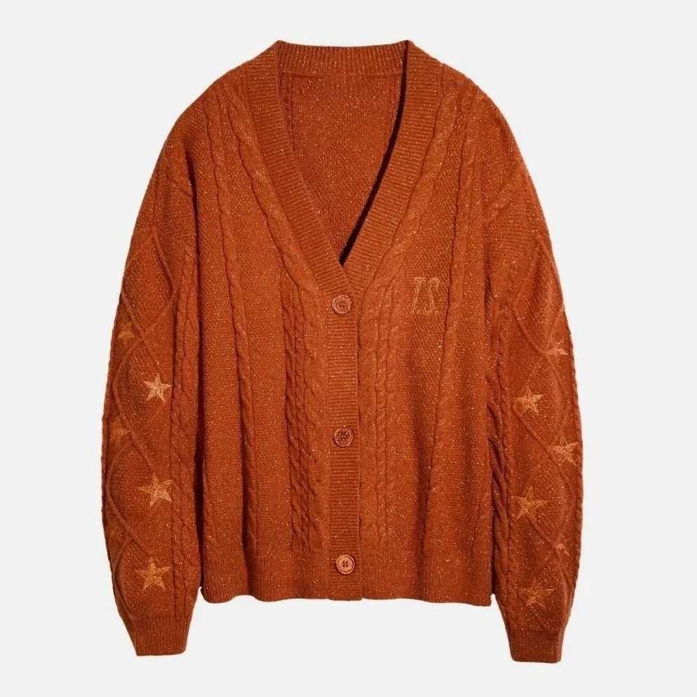 Glittery TS Cardigan Women Orange Chunky Knit Sweater with Star Embroidery Gold Thread Showgirl Cardigan Fansmake Tay Cardi H251023