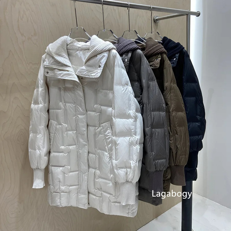 Lagabogy Winter Women Long White Duck Down Jacket Female Casual Loose Warm Parkas Knitted Hat Detachable Puffer Coat 251022