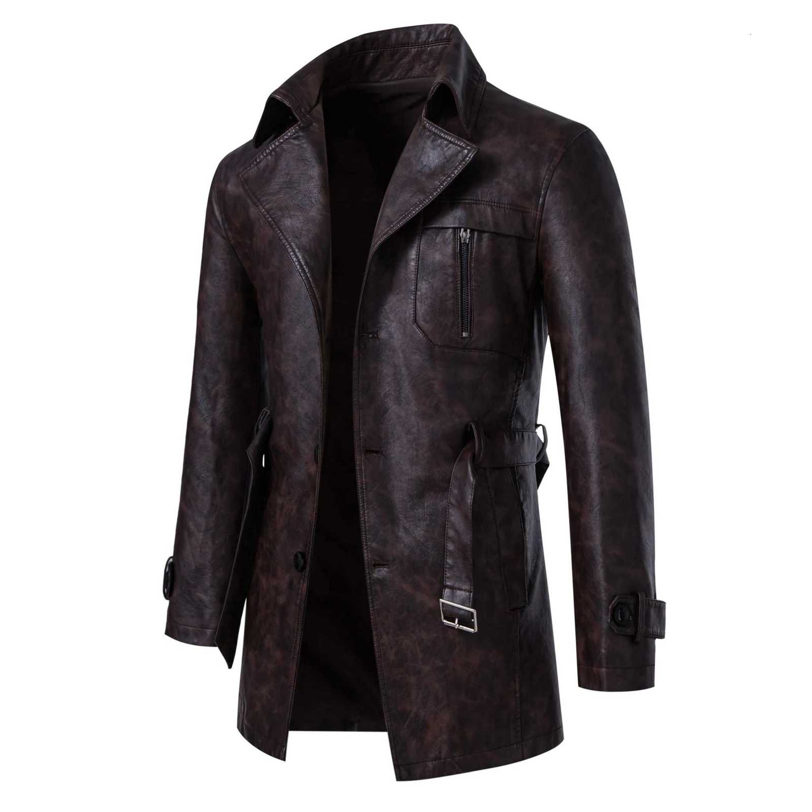 Mens midlength PU leather jacket with a detachable beltlapel trench coat for business casualurban commuting W251023