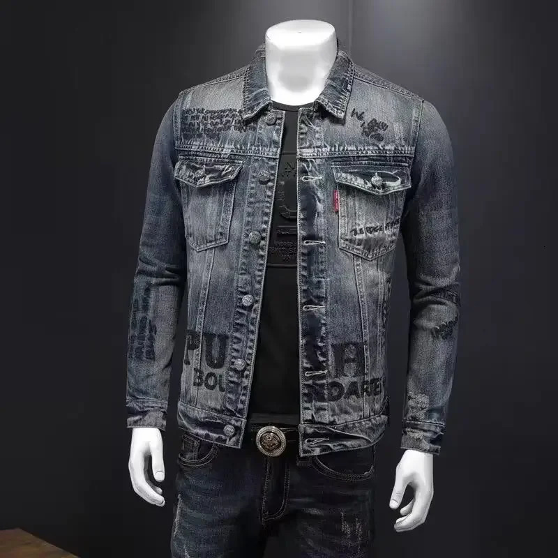 mens denim jacket fashion casual lapel handsome motorcycle high street retro trend loose top clothing 251017