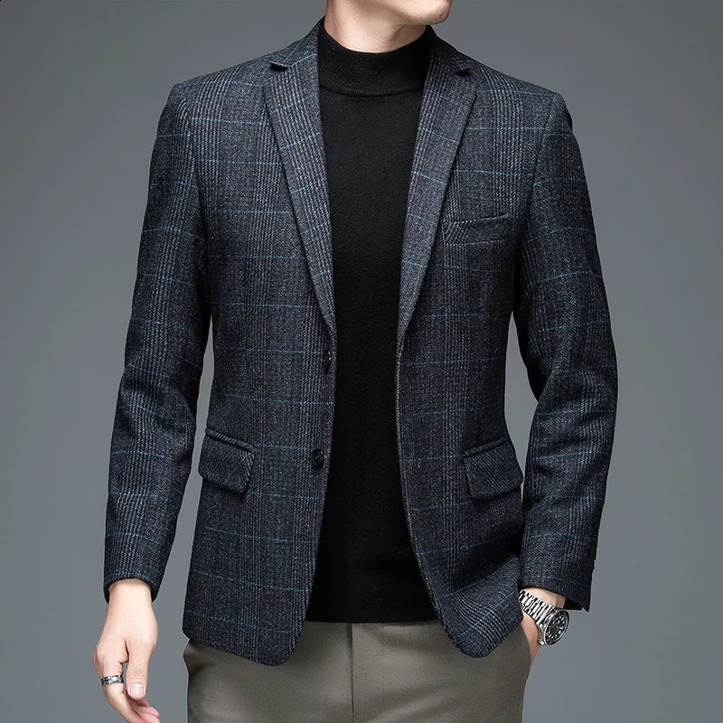 Autumn Winter Men Plaid Wool Blazer Smart Casual Gray Camel Navy Blue Checked Pattern Woolen Blend Jacket Suit Elegant Outfits 251023