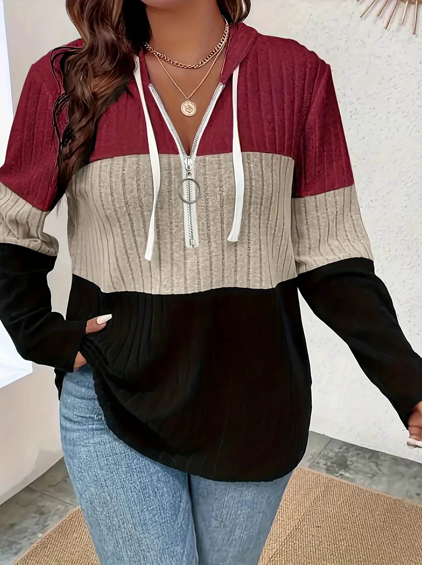 Plus Size Womens Hooded Fashion Knit Ribbed Cardigan Sweatshirt 251022