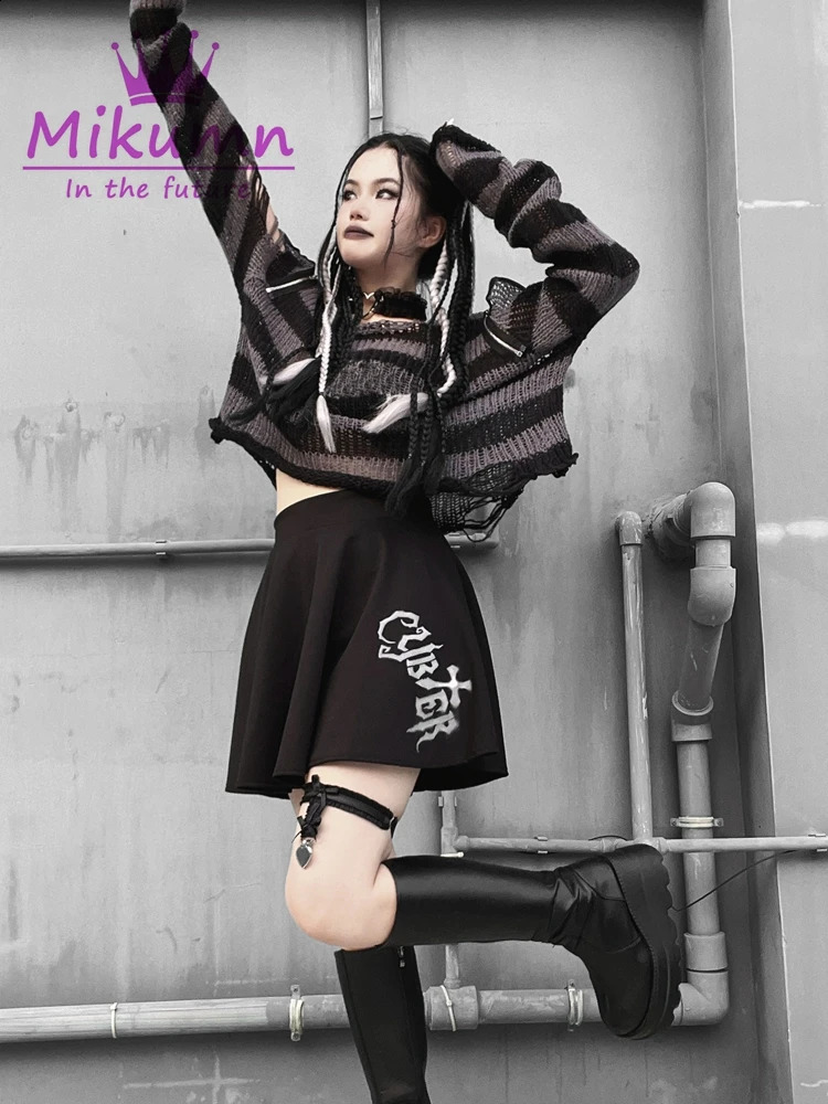 Harajuku Y2k Punk Rock Zipper Sexy Off Shoulder Sweaters Women Gothic Black Grey Red Stripes Broken Hole Loose Knitted Jumpers 251023