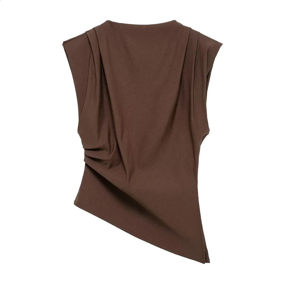 2025 Summer Asymmetric Tank Women Wine RedBrownBlack Ruched Sleeve OfficeParty Tops Breathable Stretchy Slim Fit Streetwear 251023