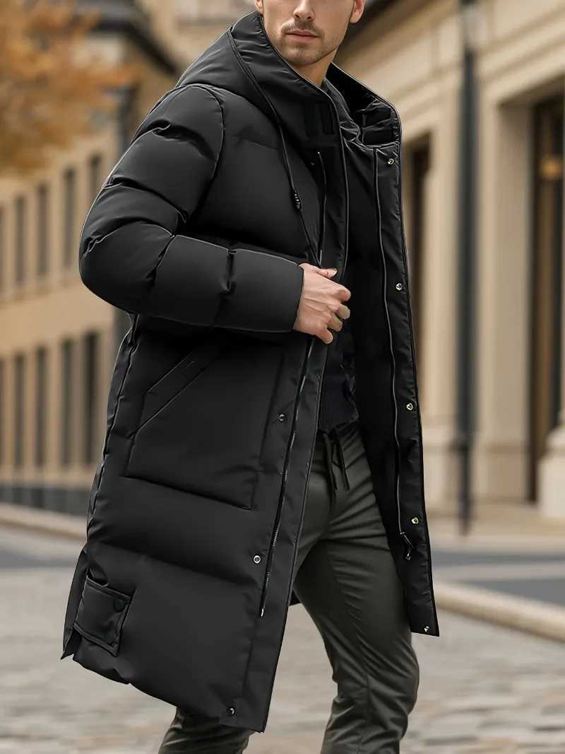 MenS Heavyweight Winter Coat Windproof Cold Weather Jacket with FullLength Zipper Hooded Long Formality Large Front Pockets W251023