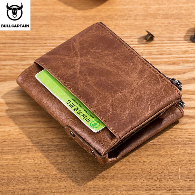 BULLCAPTAIN retro leather mens wallet leather zipper buckle short money wallet card holder coin purse RFID wallet QB06251023
