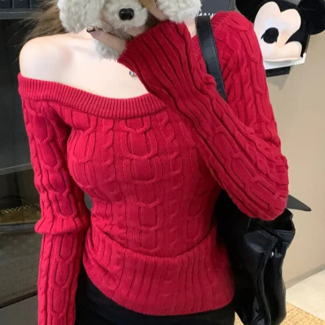 Gray ShoulderOff Knitted Sweater Womens Fashion Slim Fit Base Shirt Trendy Twist Knitwear Winter Casual Top Quality Assurance 251023