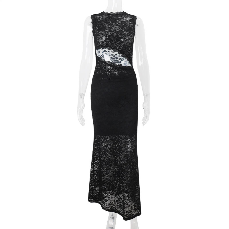 Candy See Through Lace Sexy Sleeveless Round Neck and Elegant Straight Long Skirt Summer Evening Vintage Women 2 Pieces Set 251013
