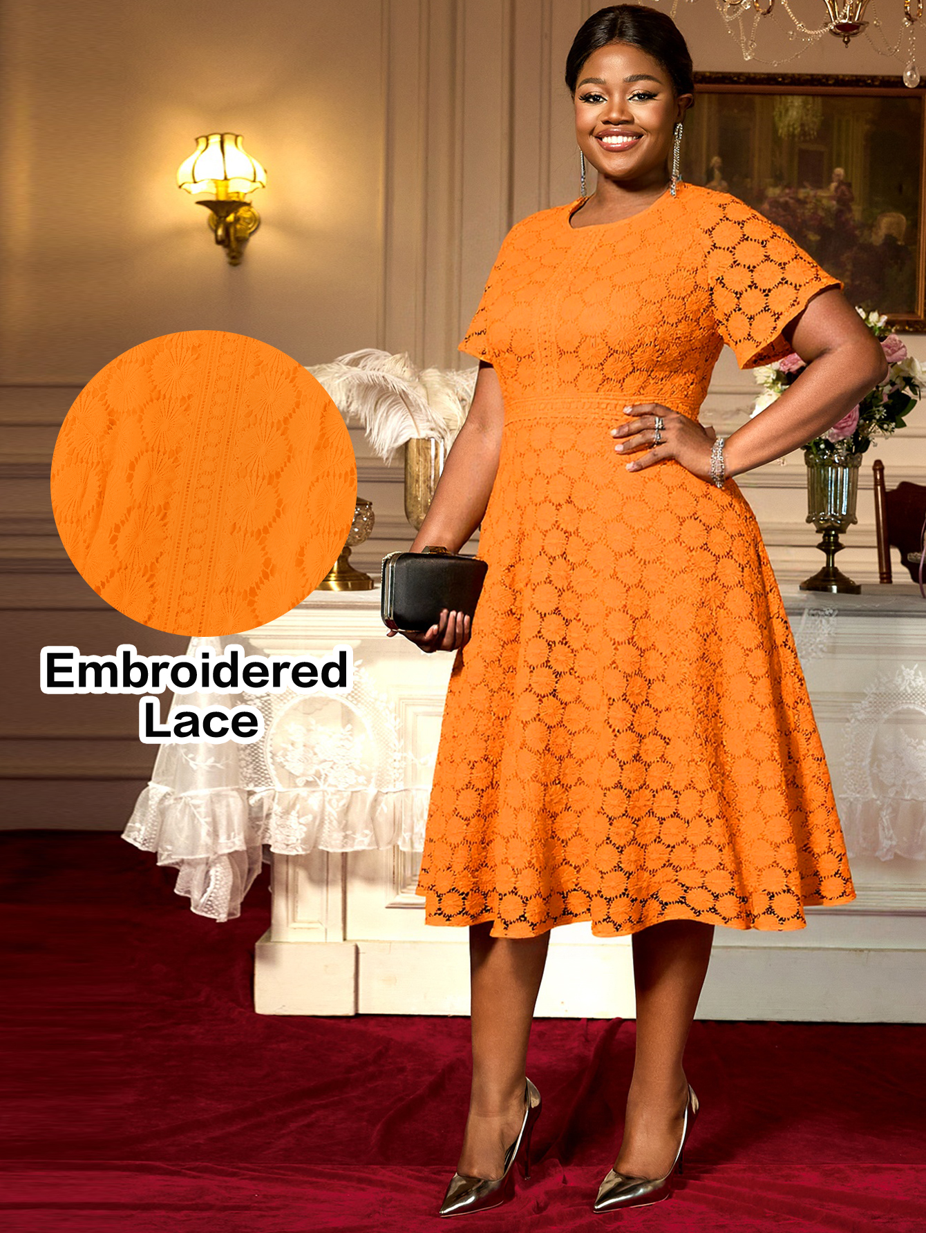 Elegant Orange Summer Casual Hollow Out Lace Dot Women Short Sleeve A Line AOMEI Midi Dresses for Plus Size AM050748