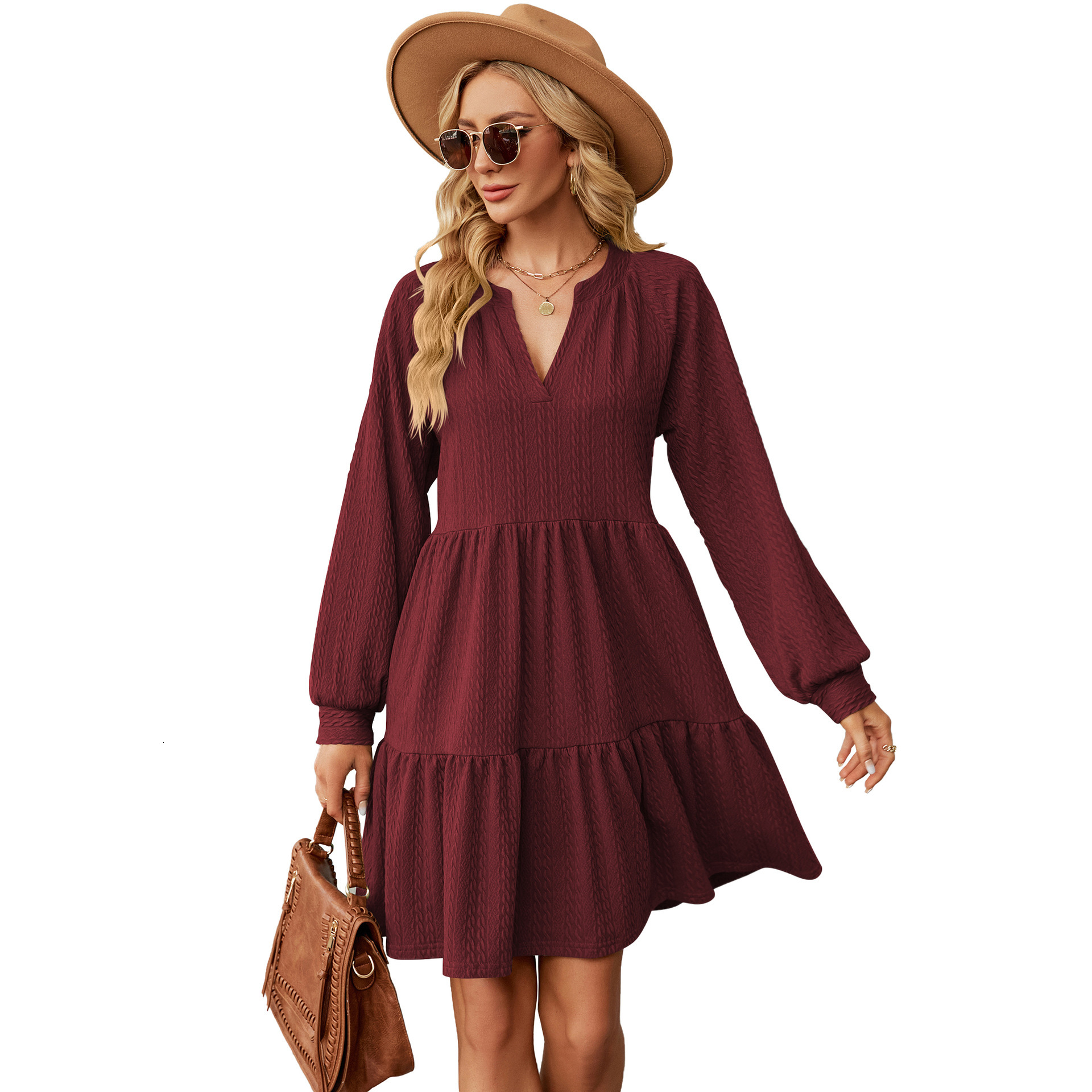 European and American autumn and winter new solid color V-neck loose pleated patch long sleeved dress designer fashionable hot selling dress