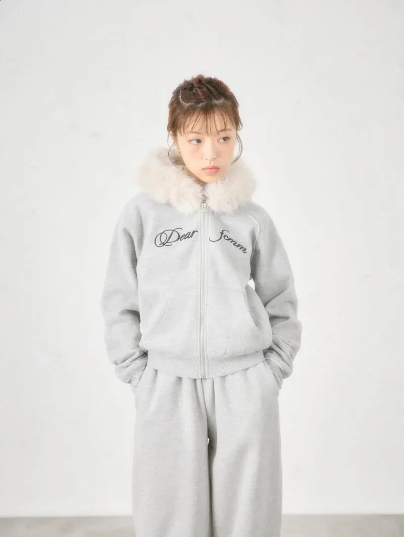 chic Harajuku Y2K Fur Collar Zipper Hoodie Women Gothic Punk Streetwear Trendy Retro Letter Embroidery casual Warm Sweatshirt 251022
